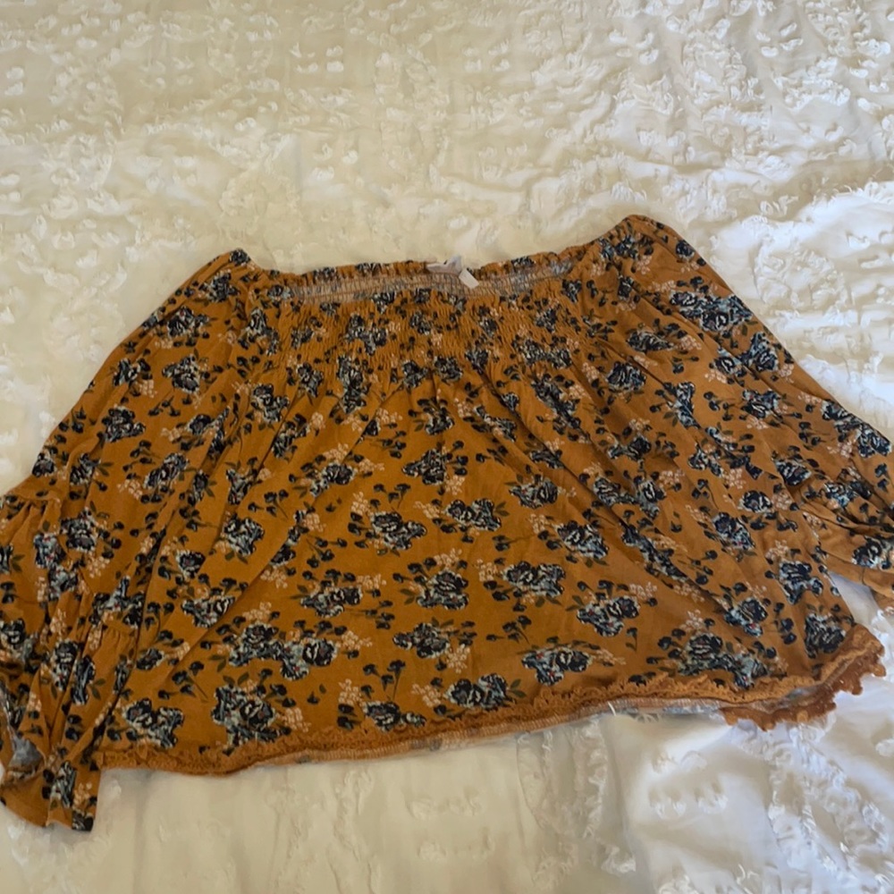 Off the shoulder mustard floral shirt